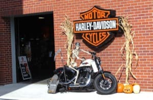 D & S Harley Davidson Pet Day, Store entrance with Skeleton on bike