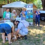 Sanctuary One Dog getting belly rub at Red Dog Pet Supply Puppy Pool and Adoption Event