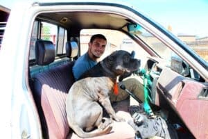 Onyx riding shotgun next to James at Sanctuary