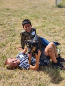 Dog socialization training camp_ Rylyn and Santiago building trust with Jojo