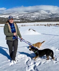 Syndey smiling on walk with Mindy and Baxter playing in snow